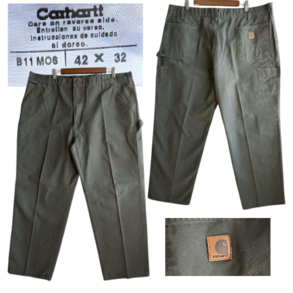 Carhartt Dungaree Pants Men’s Size 42x32 Green Canvas Duck Loose Fit B11 MOS
